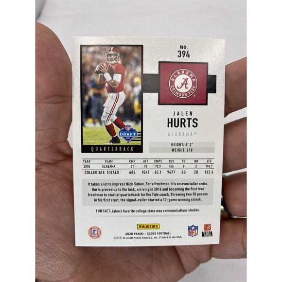 Jalen Hurts Rookie 2020 Panini Score RC #394 PHI Eagles/Alabama SB MVP QB - Picture 2 of 2